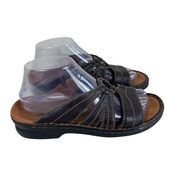 Clarks Brown Pebbled Leather Strappy Slip On Low Heel Slide Sandals Size 8 - Picture 2 of 8